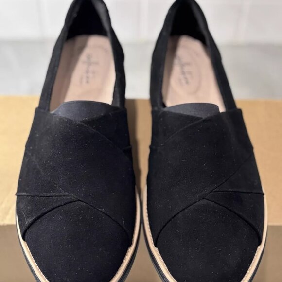 NEW: Clarks Womens Suede Slip-Ons Loafer (Sharon Form) Black - Size 10W - Picture 3 of 6